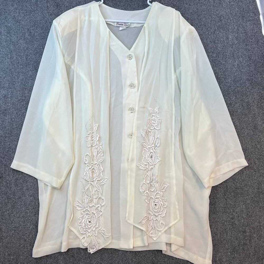 Hosanna Design Ivory Sheer Embroidered Blouse Womens 5XL Beaded USA